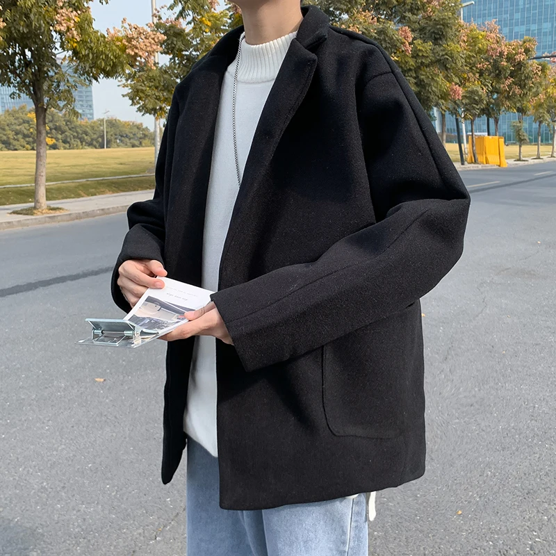 

Short Men's Woolen Coat Autumn Winter Fashion British Style Couple's Outerwear Pure Color Single Button Lapel Casual Coat