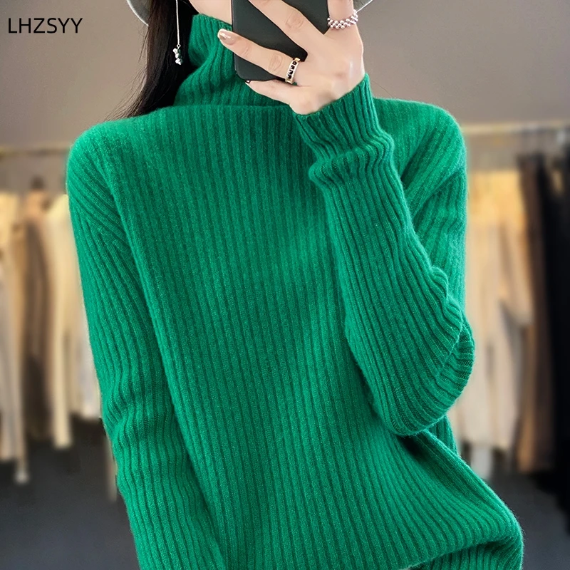 LHZSYY Autumn Winter New 100% Pure Wool Sweaters Women\'s Turtleneck Knit Base Shirt Loose All-match Warm Tops Cashmere Pullover