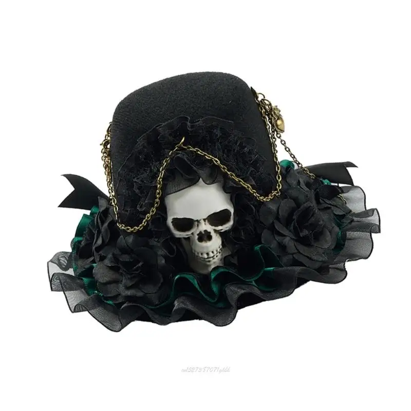 X5XA Victorian hairpin Hair Accessory With Embroidered Skull And Ruffled Detailing
