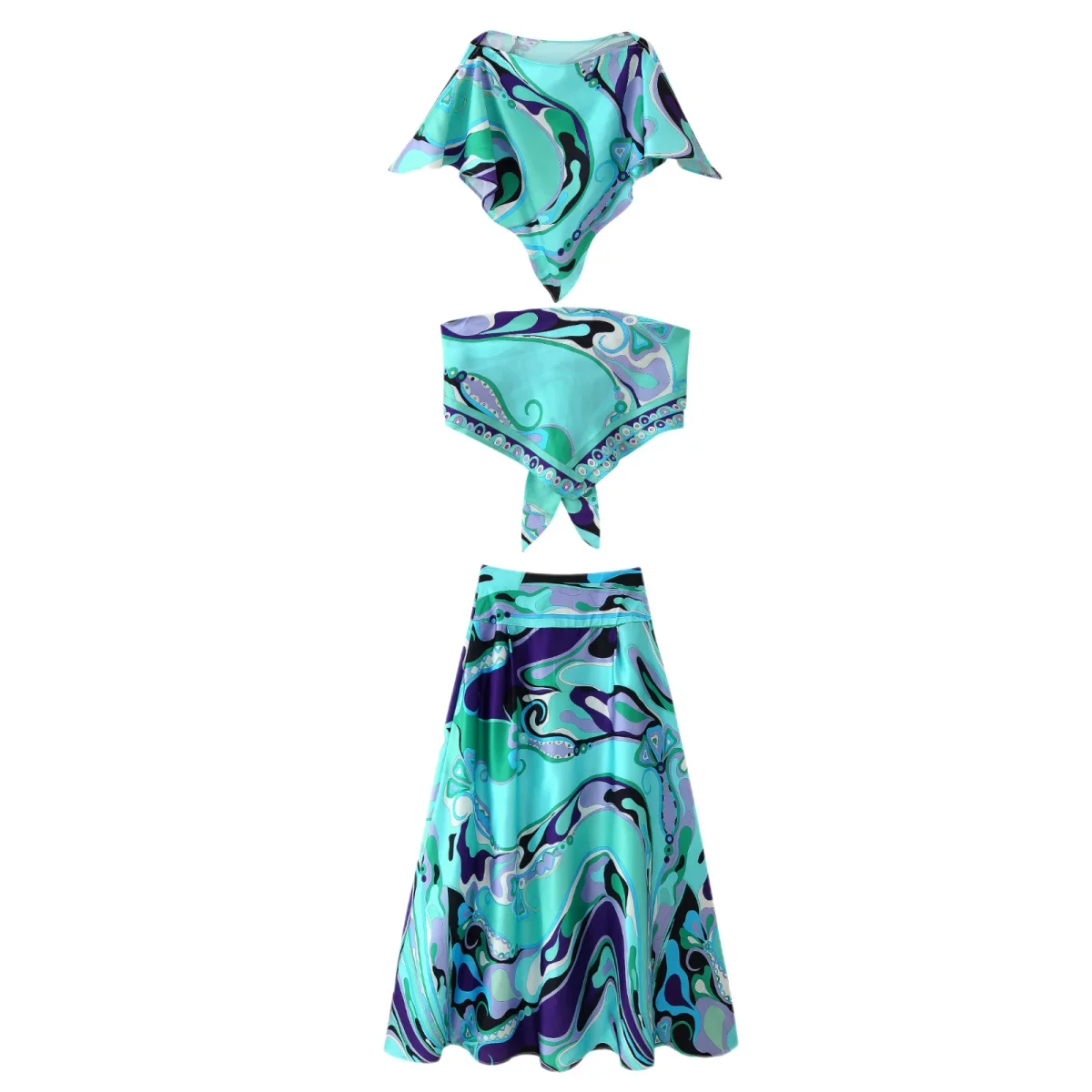 

Women Fashion Bohemian Printed Skirt Set Vintage Irregular Position Scutellar Top+Tube Top Printed Top+Casual Long Skirt