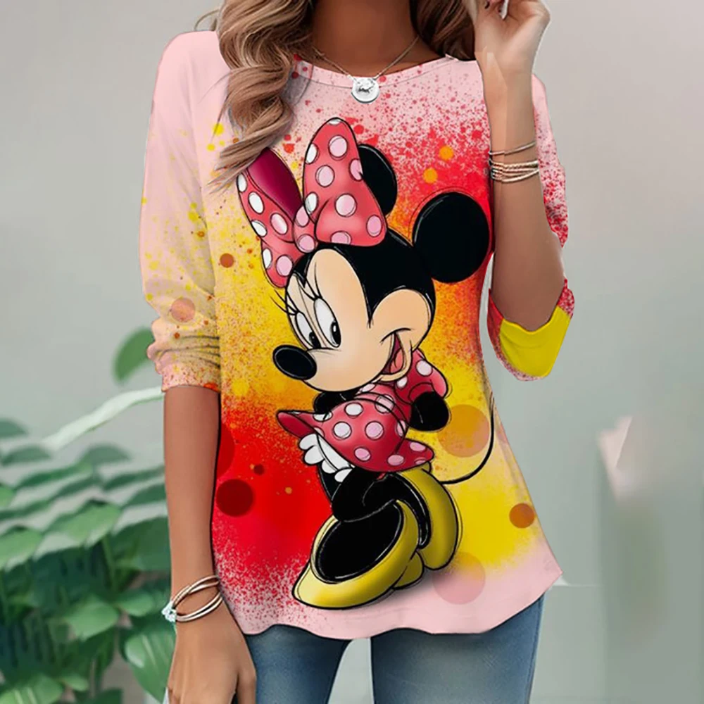 Women's O-neck T-shirt with Disney, Minnie Mouse print, fashionable Y2k street wear, spring and autumn long sleeved women's T-sh