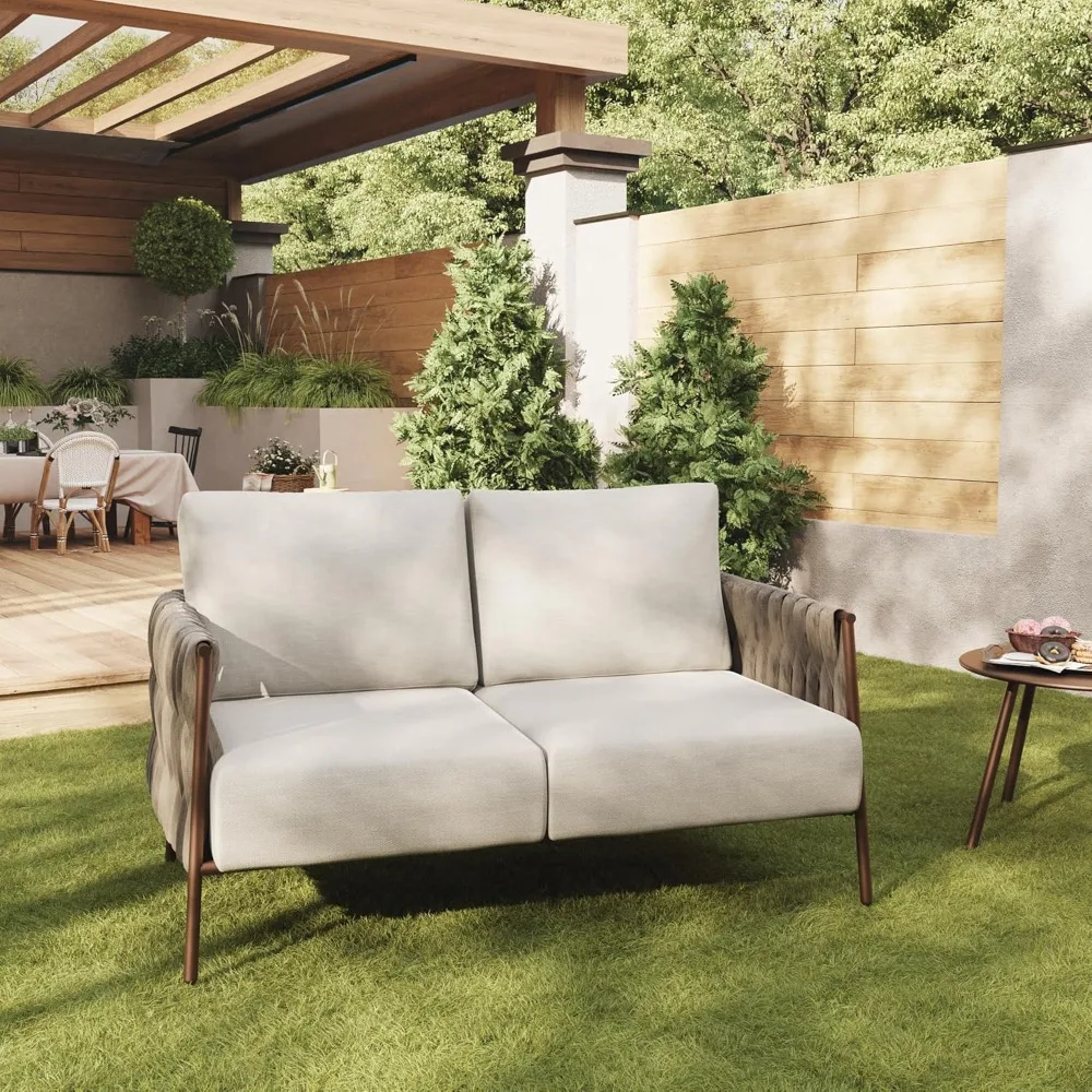 Life Chatter Loveseat, Outdoor Furniture, Deep Seating for Garden, Balcony, Backyard, Chestnut Brown & Creamy Apricot