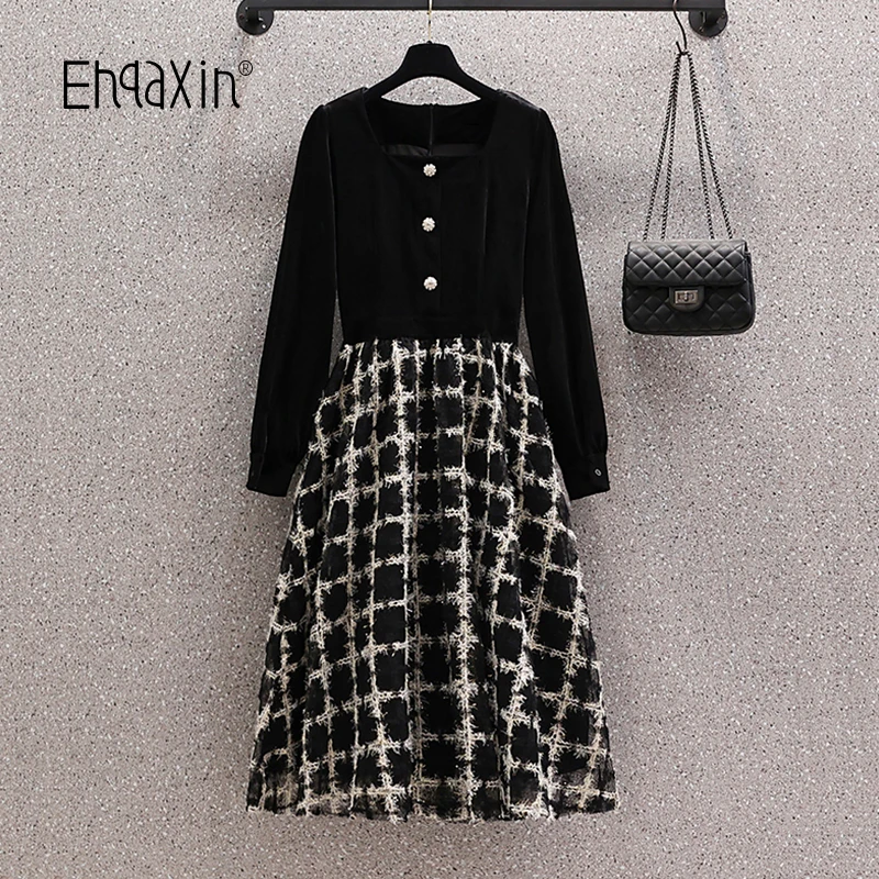 EHQAXIN Bead Buttons Elegant Dress Women Spring 2022 Vintage Long Sleeve Velvet Patchwork Plaid High Waist French Long Dress