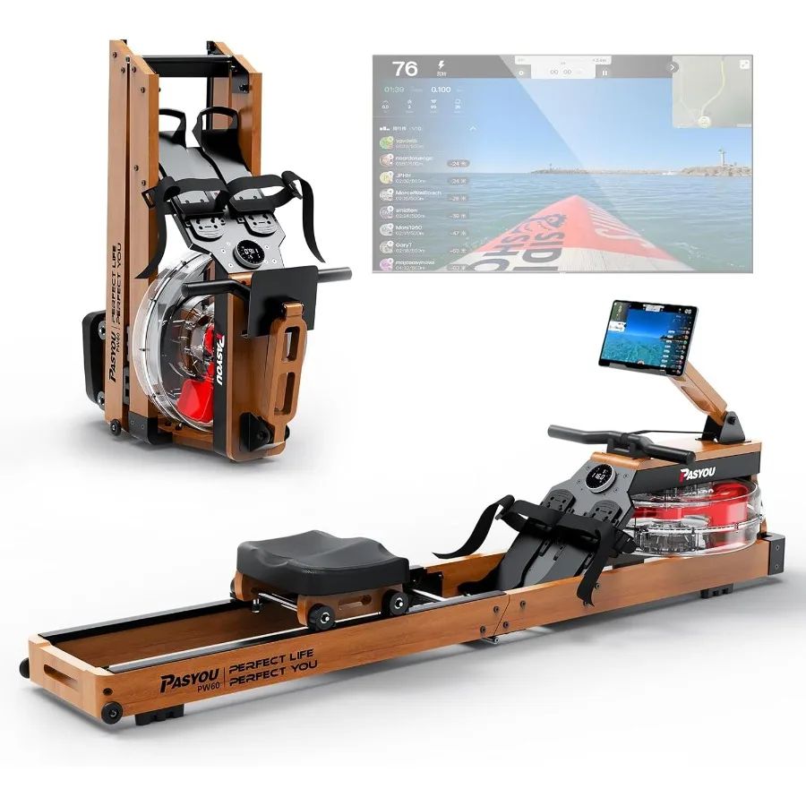 

Веслувальные станки для дома, складной гребной тренажер из дубового дерева, грузоподъемность 350 фунтов, 6 уровней, регулируемые рядные машины с Moni