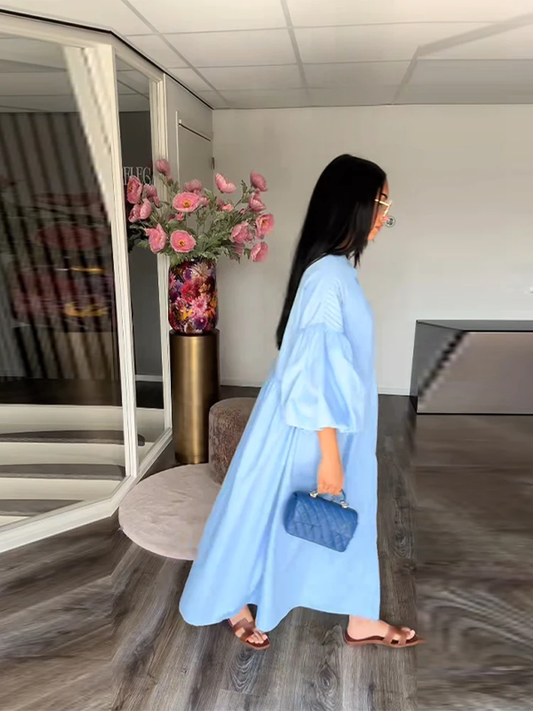 Elegantจีบชุดยาวผู้หญิงOversizeโคมไฟเดี่ยวBreasted O-คอชุดลําลองฤดูร้อน 2025 New Street Robe