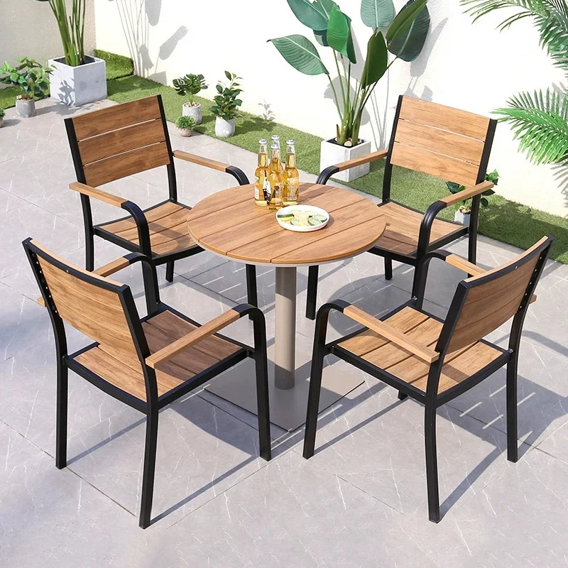 Modern Outdoor Patio Dining Set with 4 Armchairs and Round Table Aluminum Frame Plastic Wood Furniture Garden Balcony Furniture