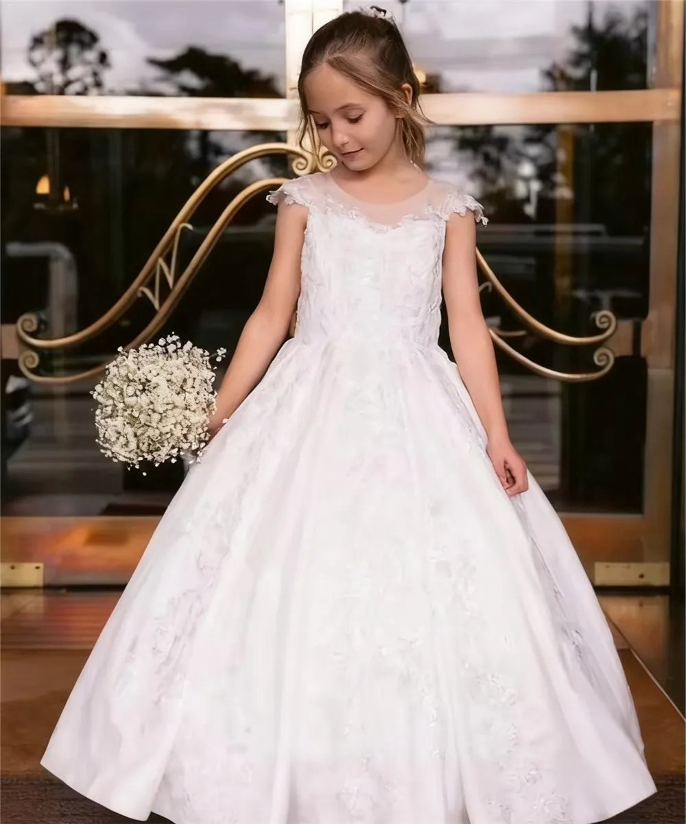 

Elegant Flower Girl Wedding Dress Appliques Lace Baby Girls Princess Birthday Party Dress Kids First Communion Gown Customized