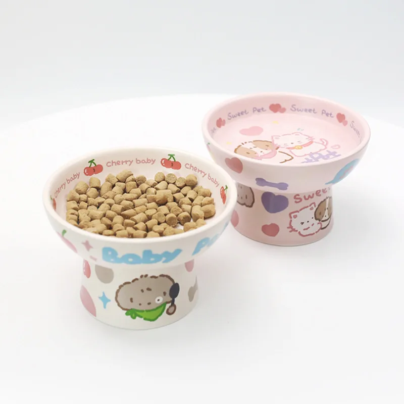 Ceramic Bowl 2024 New Children\'s Fun High Foot Pink Yellow Water Bowl for Neck Protection Cats and Dogs Cat and Dog Universal
