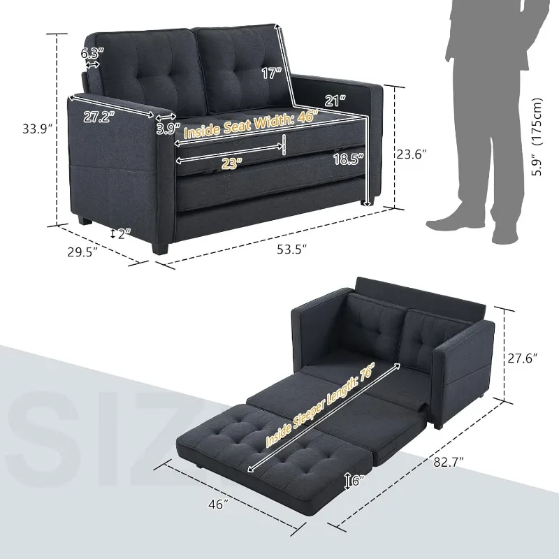 Tempat tidur Sofa ditingkatkan, 53.5 inci W 83 inci L, Sofa tempat tidur konversi, Sofa Futon untuk ruang tamu, tempat tidur Sofa lipat untuk Sma