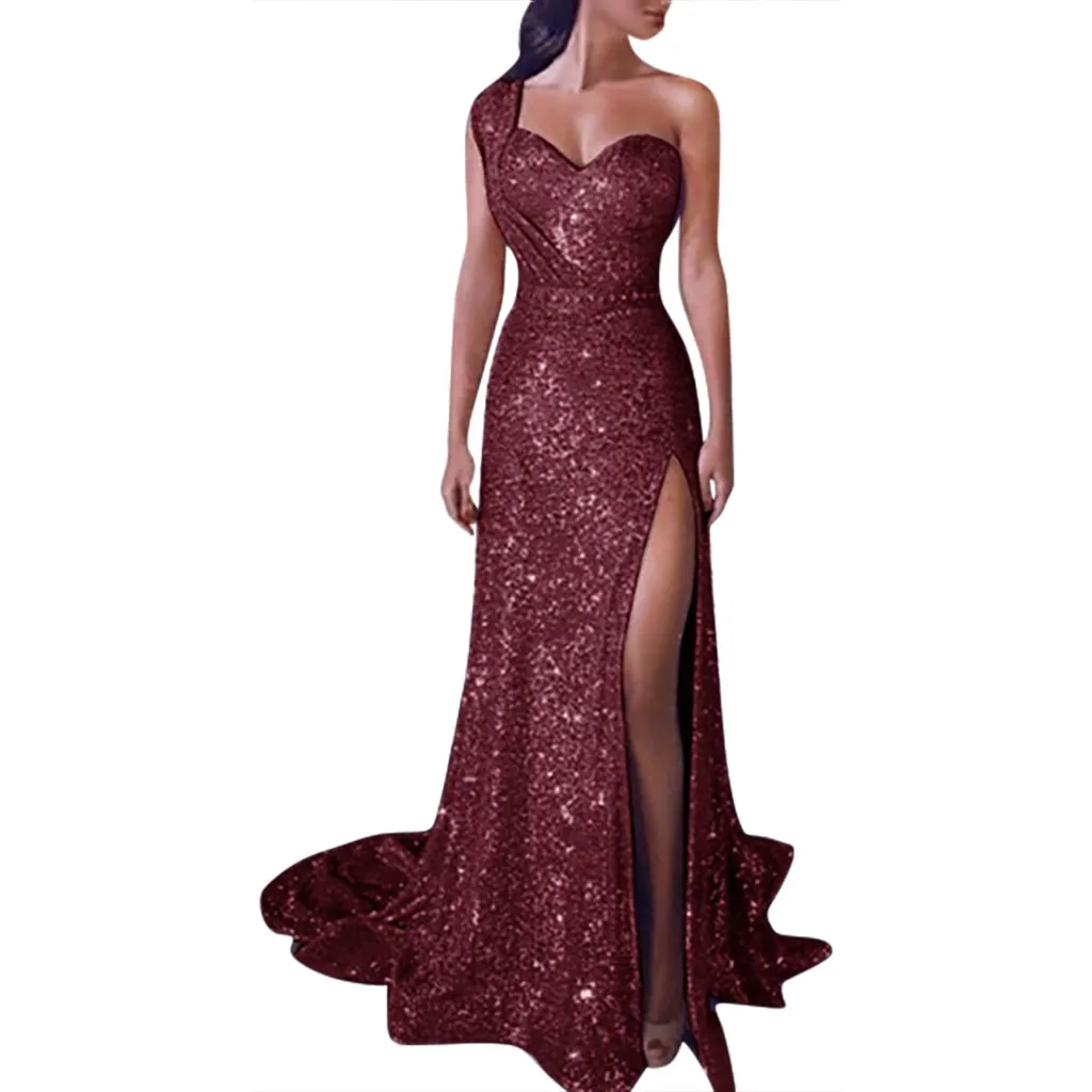 Kleider für Frauen sexy funkelnde Glitzer Pailletten eine Schulter ärmellose hohe Seite Schlitz Ballkleid Abend party Maxi kleid Vestidos