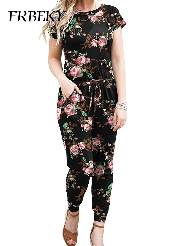 

Jumpsuit Women 2024 New Ladies Short Sleeve Printed Stretch Jumpsuit Elegant Temperament One Pieces Bodysuit Overalls for Women
