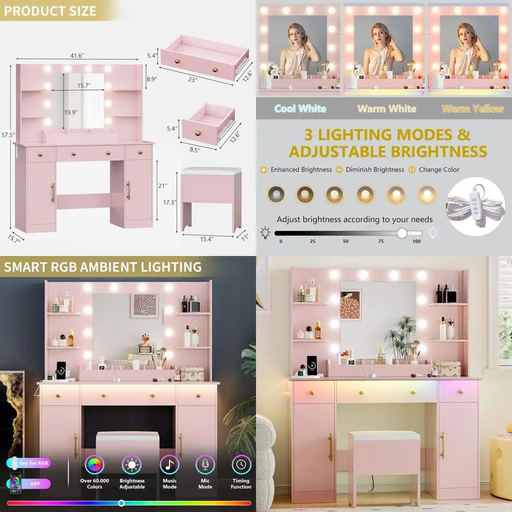 

Туалетный столик с подсветкой и зеркалом, набор для макияжа, выдвижные ящики для хранения, регулируемая RGB-подсветка, розовый