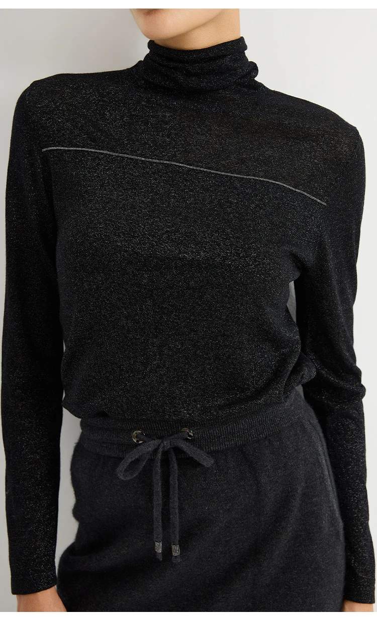 BY3621699 Damen-Pullover mit Rollkragen, Lurex-Strick, Wollmischung, Langarm, Brustnaht mit metallischem Glanz, dezenter Luxus für den Herbst – Detail 4