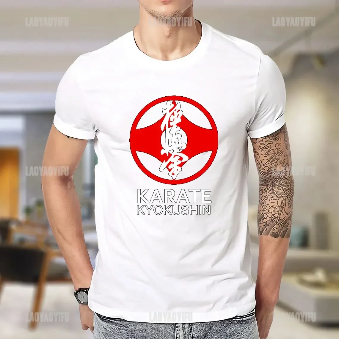 Kyokushin Karate Symbol and Kanji White Text Classic T Shirt Men Combat Cotton Fitness Breathable Graphic T Shirts Male Gift