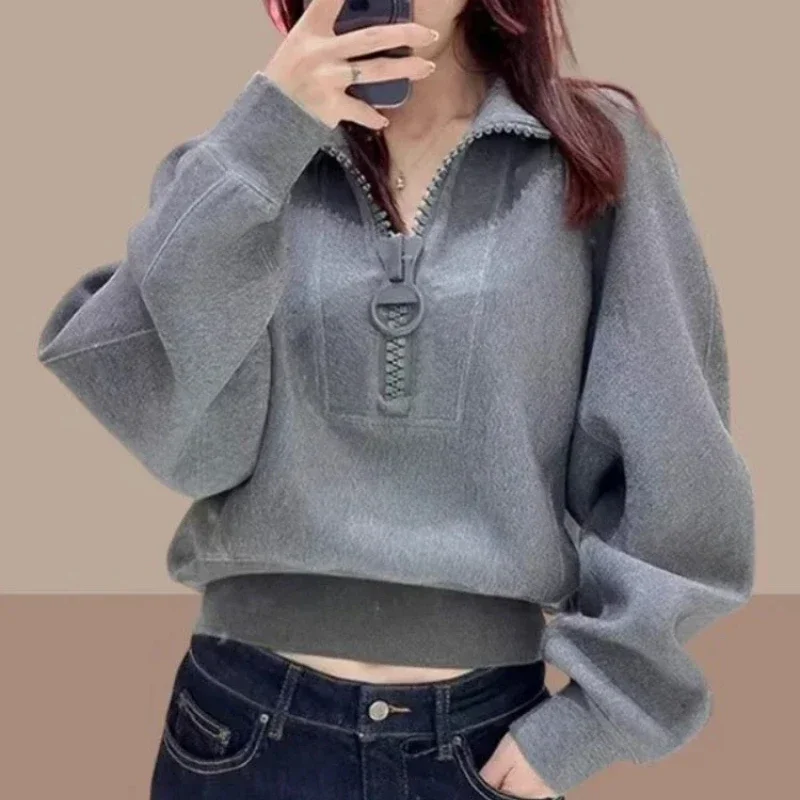 Women\'s Sweatshirts Grey Cropped Female Top Spring and Autumn Novelty Emo Youthful Clothes Y2k Style Korean Popular M Pullovers