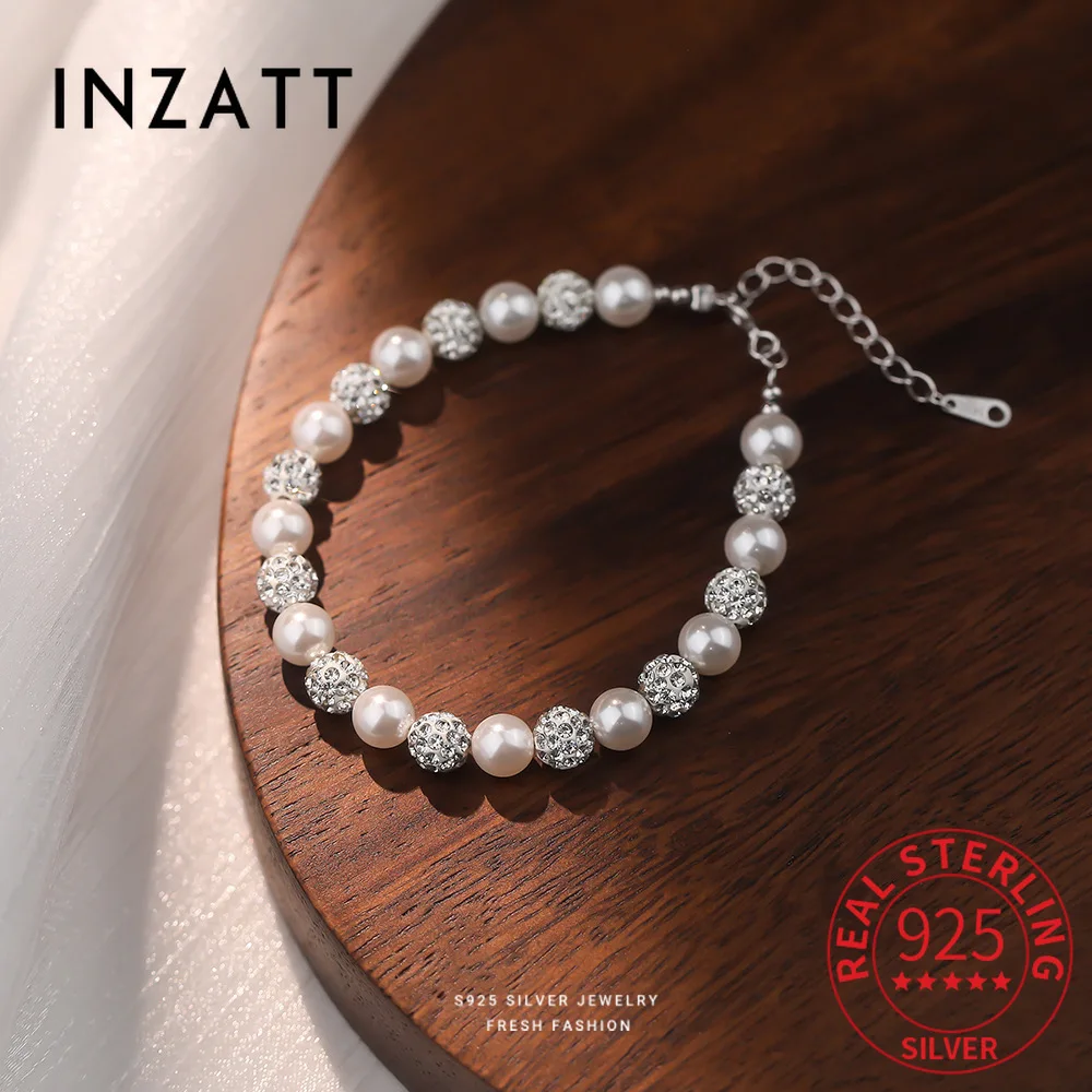 

INZATT Real 925 Sterling Silver Zircon Bead Pearl Charm Bracelet for Women Fine Jewelry Exquisite Light Luxury Accessories