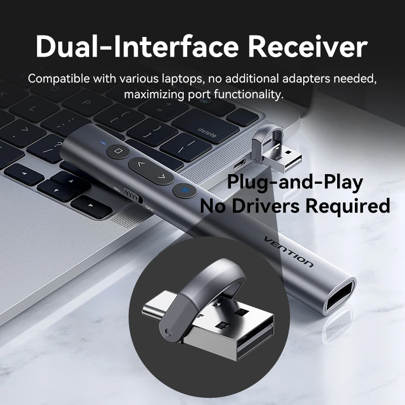 Vention 무선 레이저 포인터 프리젠터, 맥북 안드로이드 프로젝터용 프레젠테이션 펜, 100m, 2.4Ghz, USB C 타입, PPT 펜