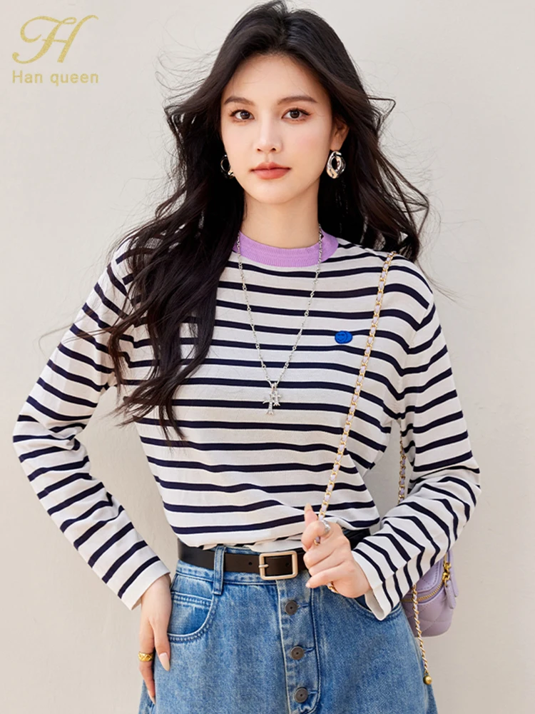 

H Han Queen Autumn Elegant Chic Stripe Long Sleeve Casual Tee Simple Office T-Shirt Female Loose Top Korean Style Women Clothing