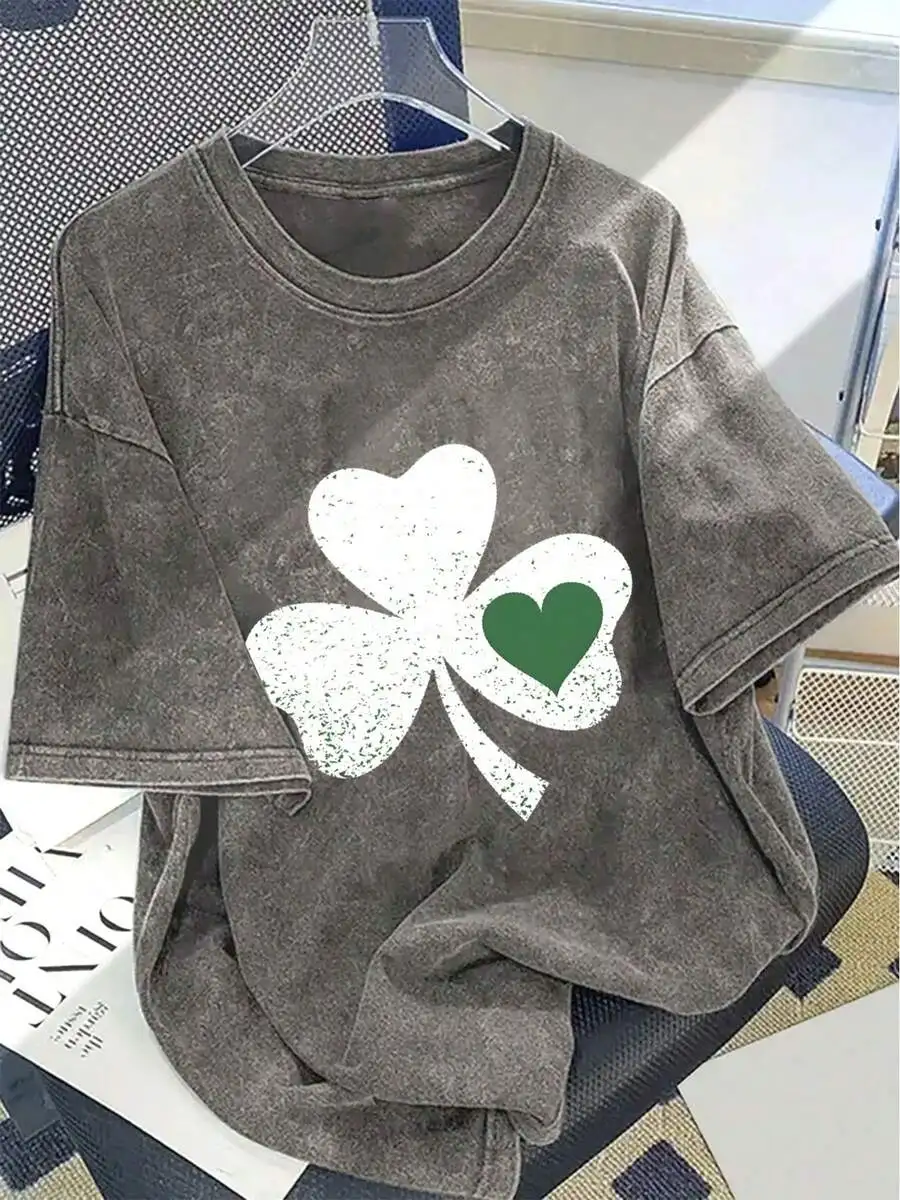 

Vintage Washed Short Sleeve T-Shirt With Four Leaf Clover Pattern Casual Women Top