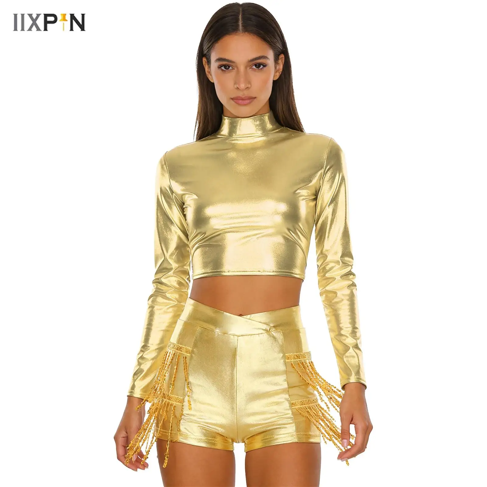 

Женские блестящие танцевальные наряды металлик, укороченный топ с длинными рукавами и воротником-стойкой и многоярусные шорты с блестками и кисточками для латинских танцев, джазовой вечеринки