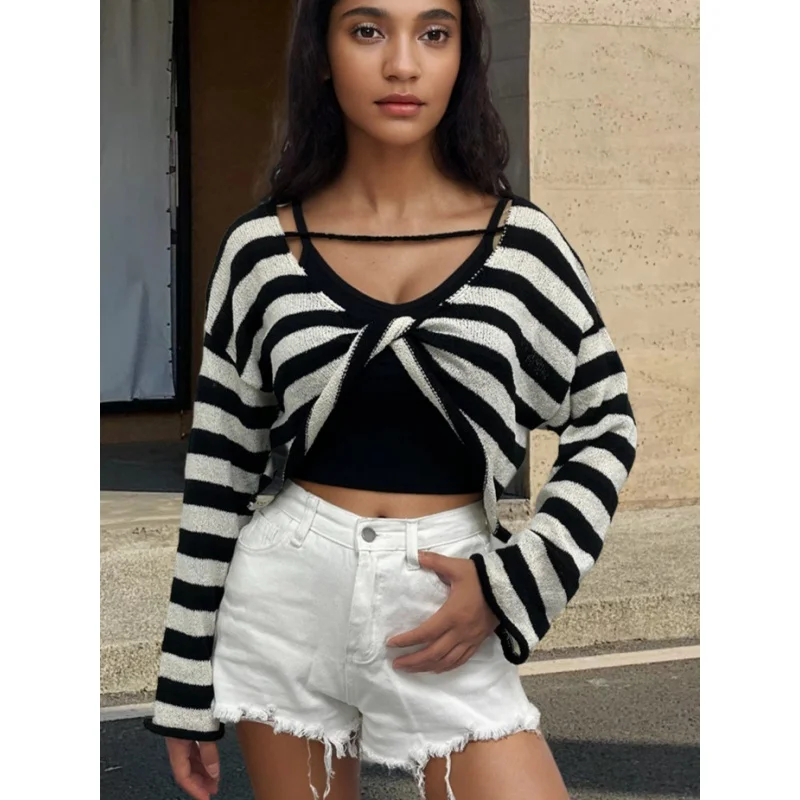 2024Autumn European and American Fashion Front and Back Wearable Striped Long-Sleeved Women's Sweater New Backless C