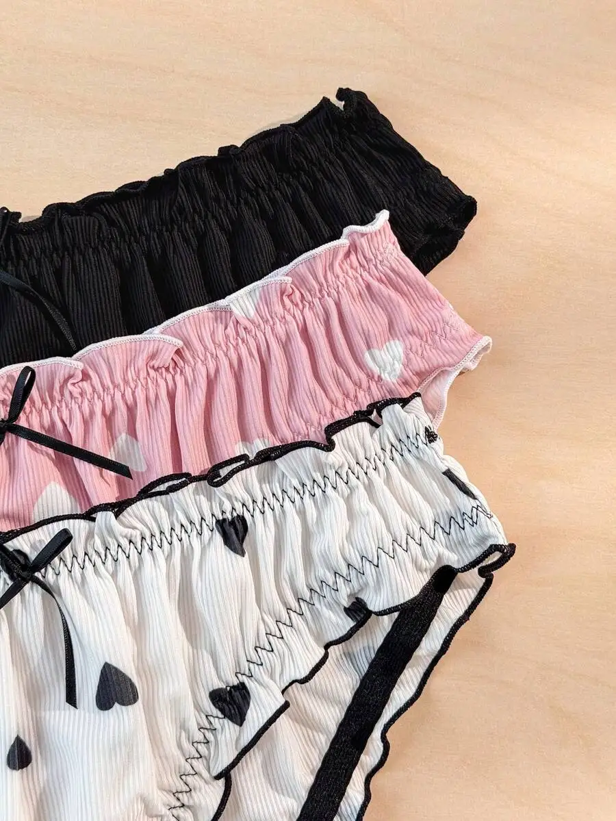 

3pcs Set Sweet Heart Print Ruffle Trim Womens Briefs