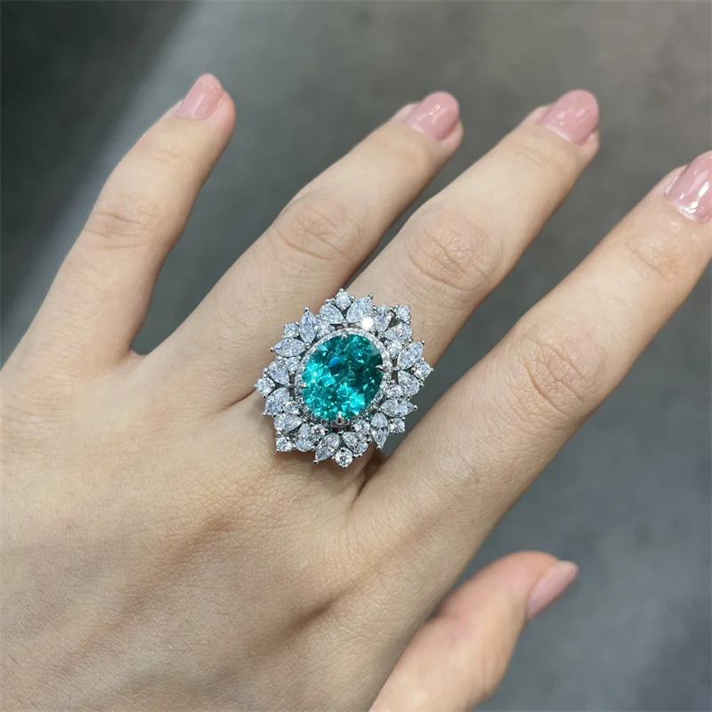 

ZFSILVER 925 Silver Luxury Trendy Cultivated Gemstone Blue Paraiba Oval Ring For Charm Women Wedding Party Jewelry Gifts R3-0754