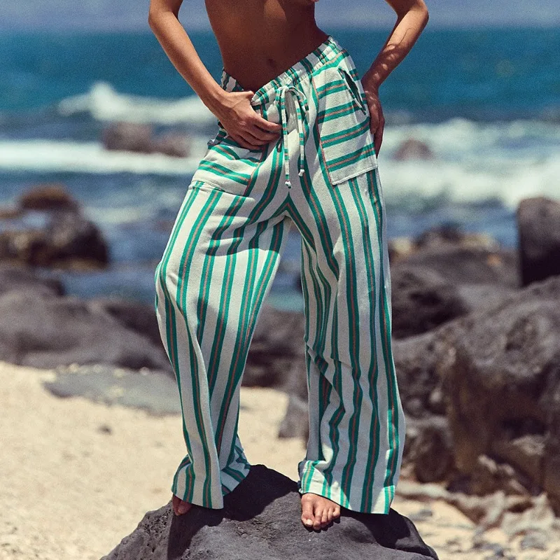 

European American Casual Striped Pocket Straight-leg Autumn New Women's Clothing Beach Home Comfort Drawstring Wide-leg Trousers