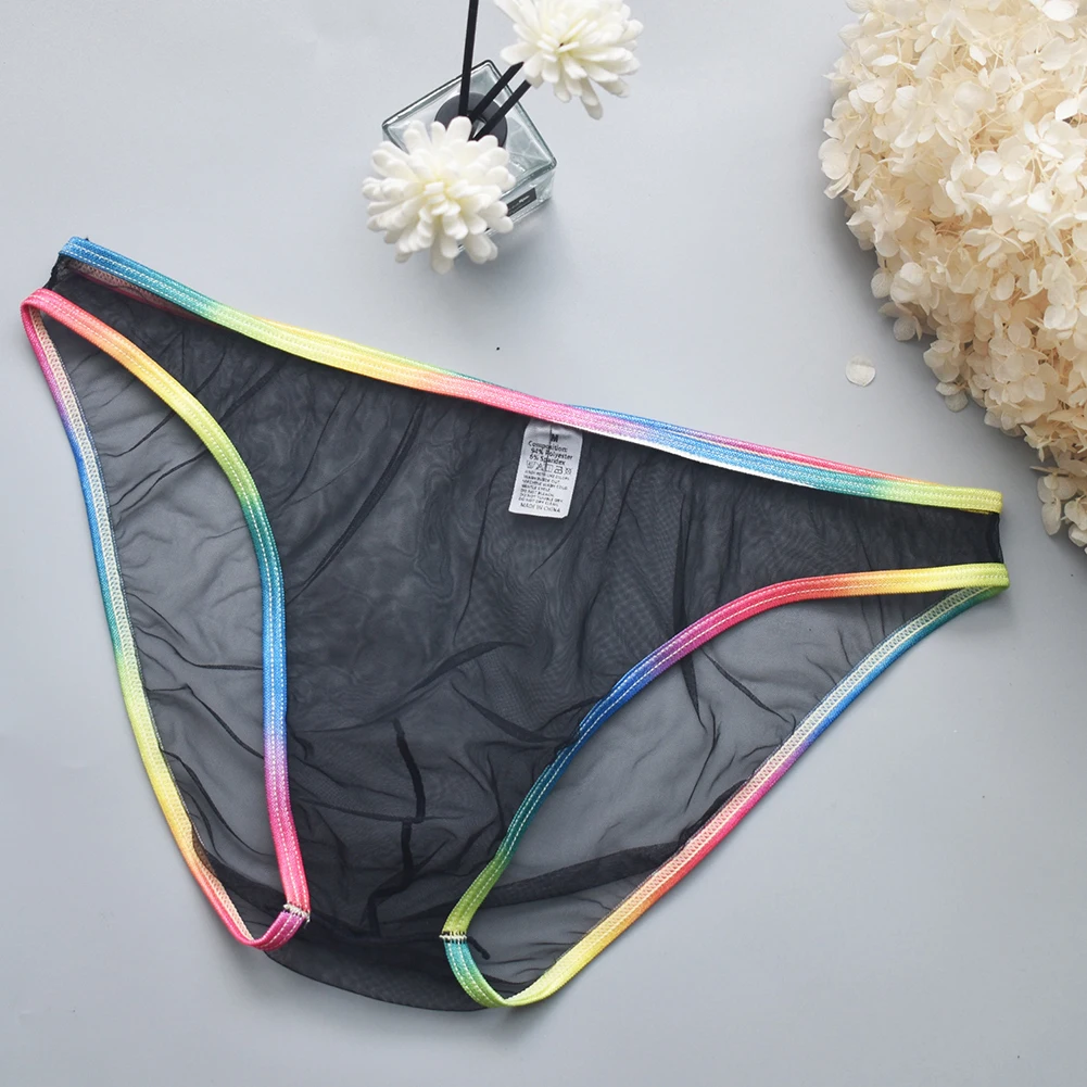 Men Ultra Thin Mesh Transparent Briefs Rainbow Edge Panties Breathable See Through Underpants Low Rise Underwear Erotic Lingerie