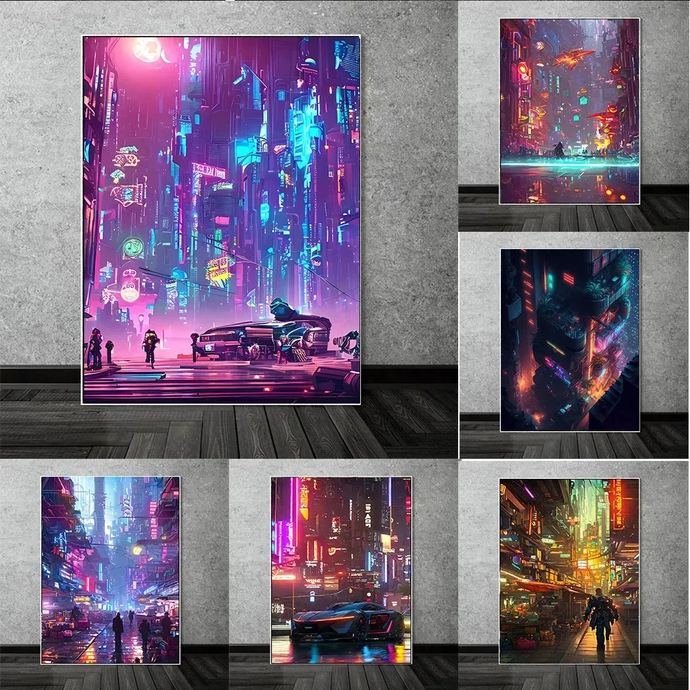 Future Neon City Night Scenery Canvas Painting Wall Art Cyberpunk Tone Landscape Poster Prints For Living Room Home Decor Gift