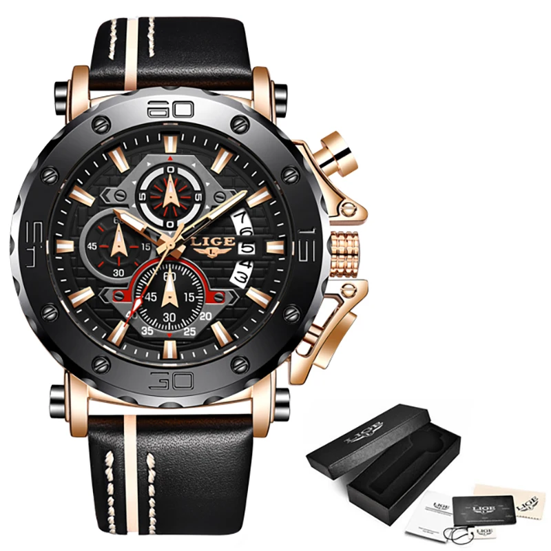 LIGE 2023 New Business Learther Mens Watches Top Brand Luxury Quartz Watch For Men Waterproof Sport Big Dial Military Wristwatch
