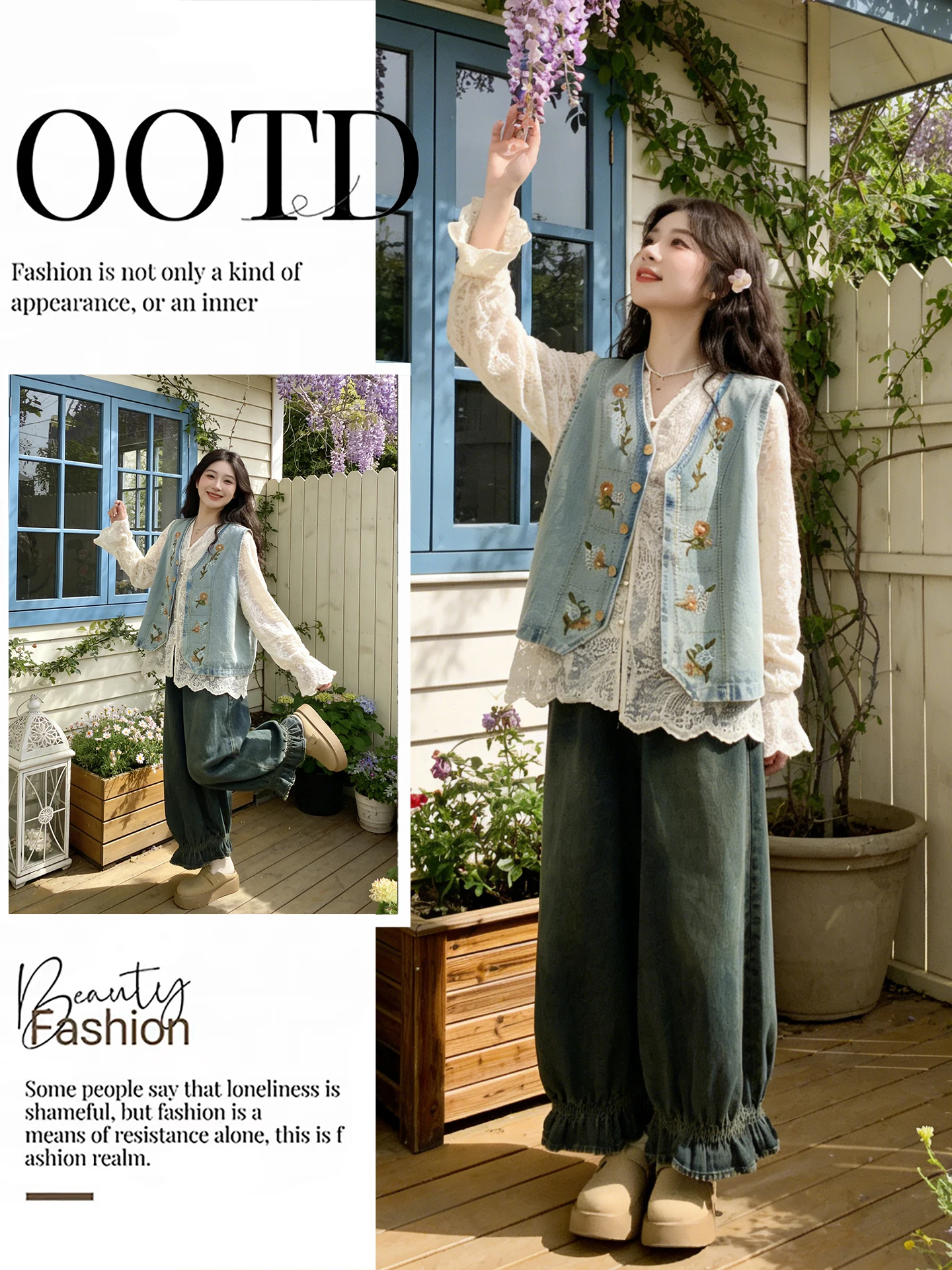 

Retro Embroidered Denim Lace irt Casual Pants Tee-Piece Set Small Fraance Sle Women's Faion Ensemble Spring Autumn