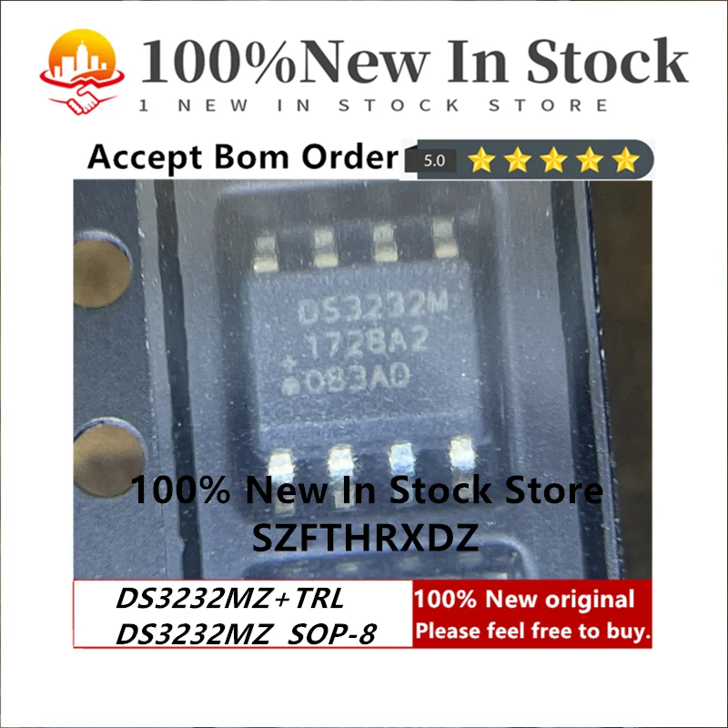 100% NEW ORIGINAL DS3232MZ+TRL SOP-8 DS3232MZ SOP8 Real Time Clock Serial 236byte Clock/Calendar/Alarm/Battery Backup (10PCS)