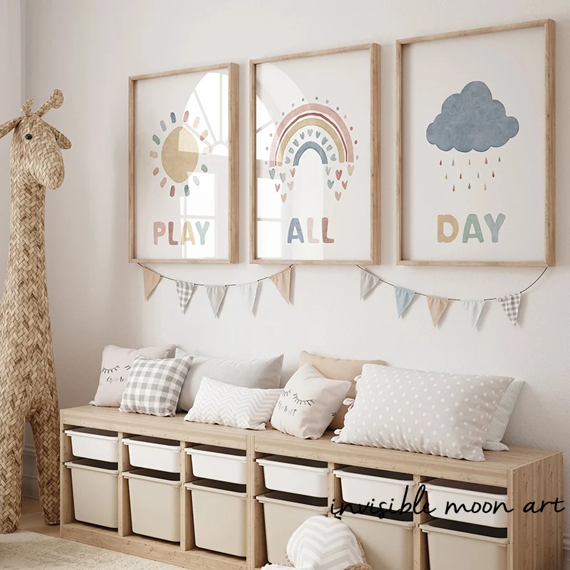 Boho Nursery Sunshine Rainbow Cloud Heart Playroom Sign Play All Day Art Poster Canvas Painting Wall Prints Picture Home Decor