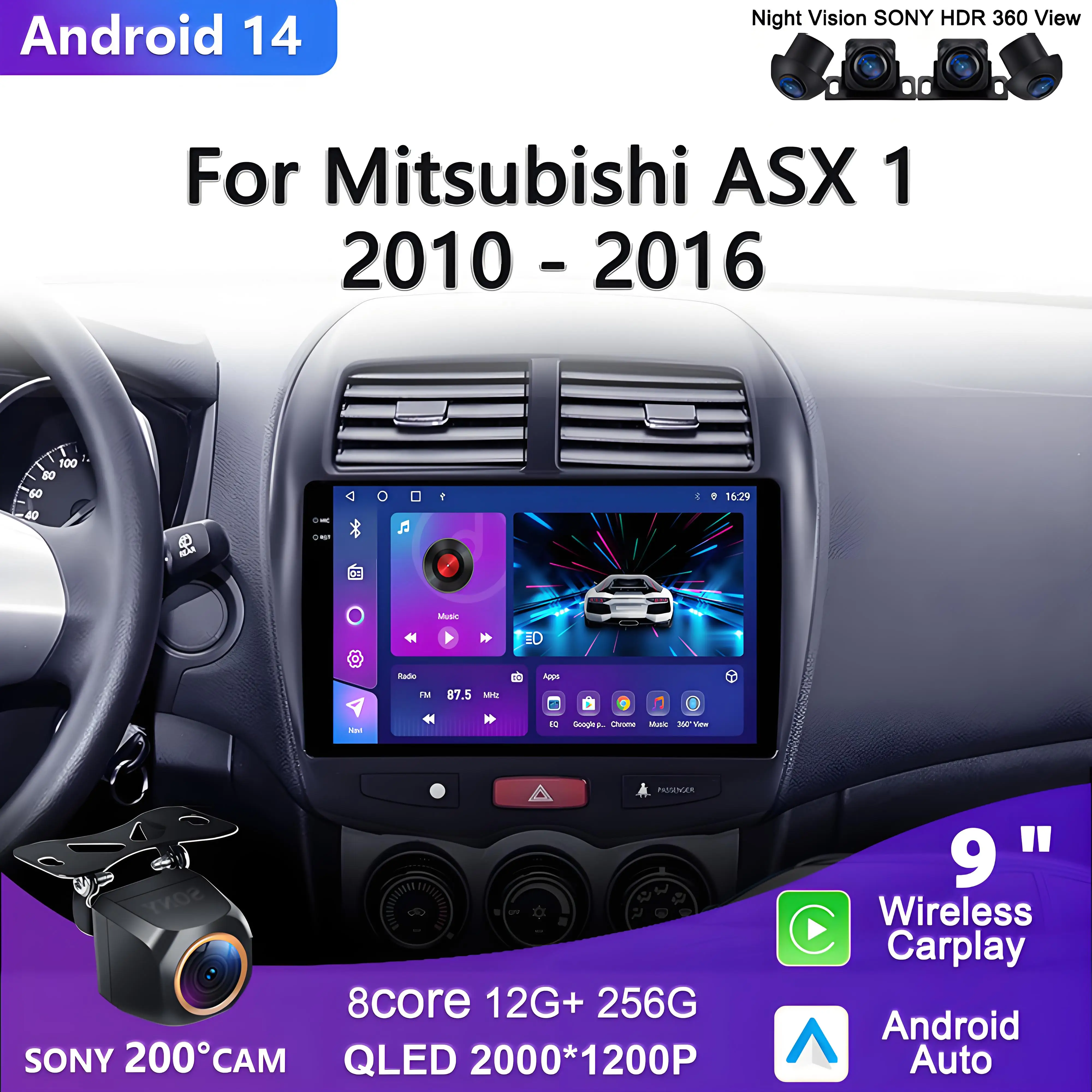 2K Incell Screen Android 14 For Mitsubishi ASX 1 2010 - 2016 Android auto Stereo Multimedia Player GPS Navigatio Dash Cam 5G