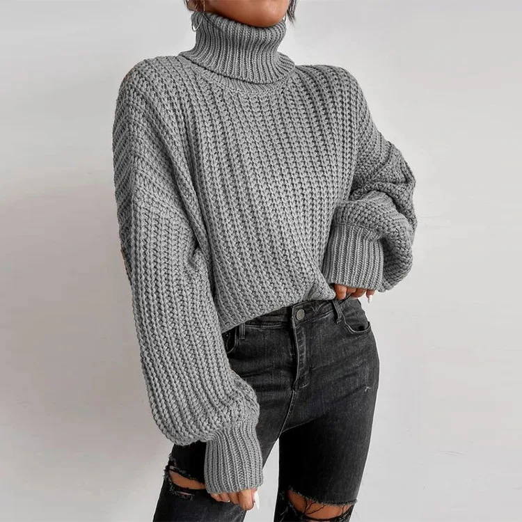 Autumn and winter foreign trade fashion shoulder long sleeved knitted loose fitting pullover high neck sweater for women