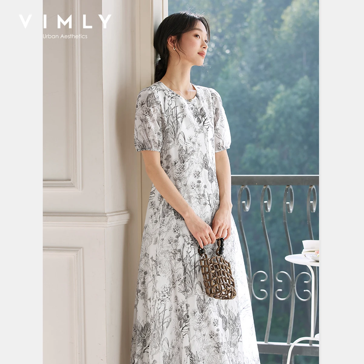 VIMLY French Elegant Ink Floral Print Long Dresses Women Summer 2025 Round Neck Pullover Pockets Tied Waist Dress Woman A0389