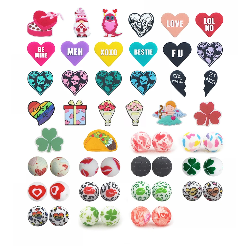 Chenkai 10PCS Valentine's Day Print Focal Beads For Pen Beadable Pen Silicone Charms Character Beads For Pen Pacifier Making