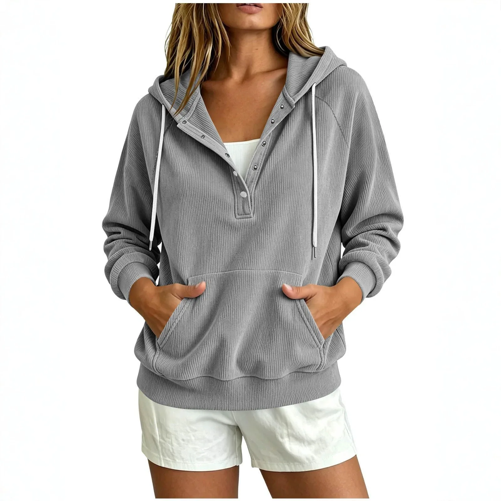 Women's Autumn Winter Corduroy Half-Button Hooded Sweatshirt