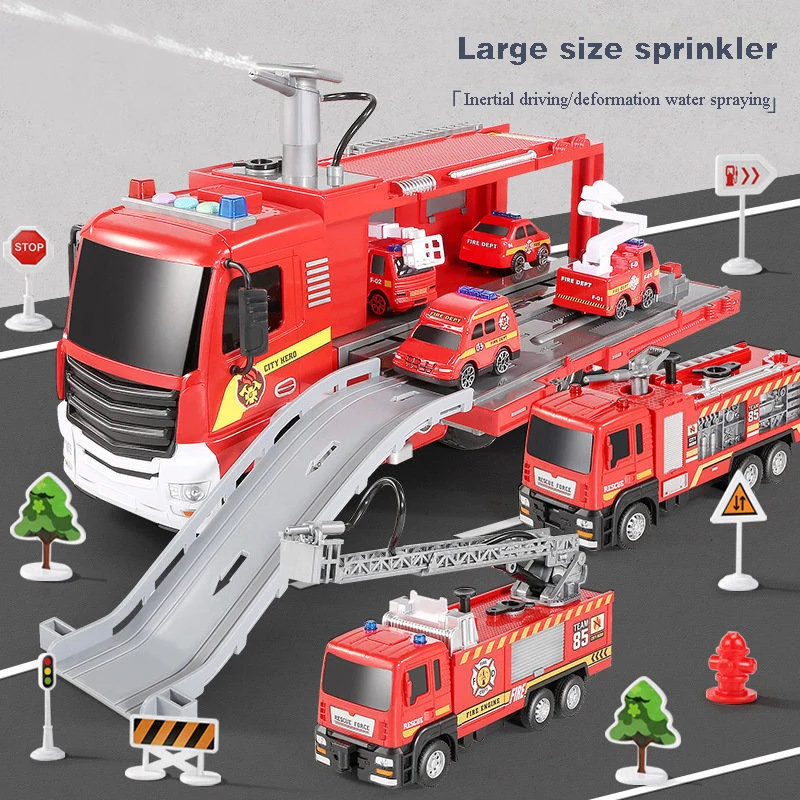 Simulated Fire Truck Toy Large Deformation Water Spray Ladder Engineering Vehicle Parking Lot Track Toy Boy Gift