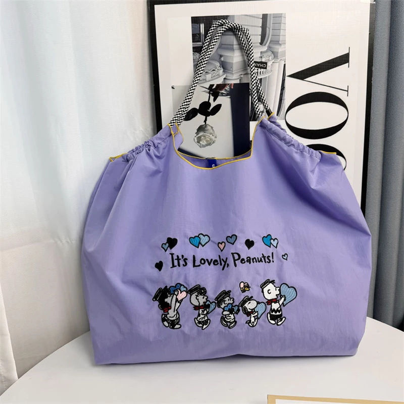 Kawaii Ball Chain Canvas Bag White Cat Girl Foldable Large Capacity Handbag Oxford Shoulder Embroidered Nylon Bag Girl Gift