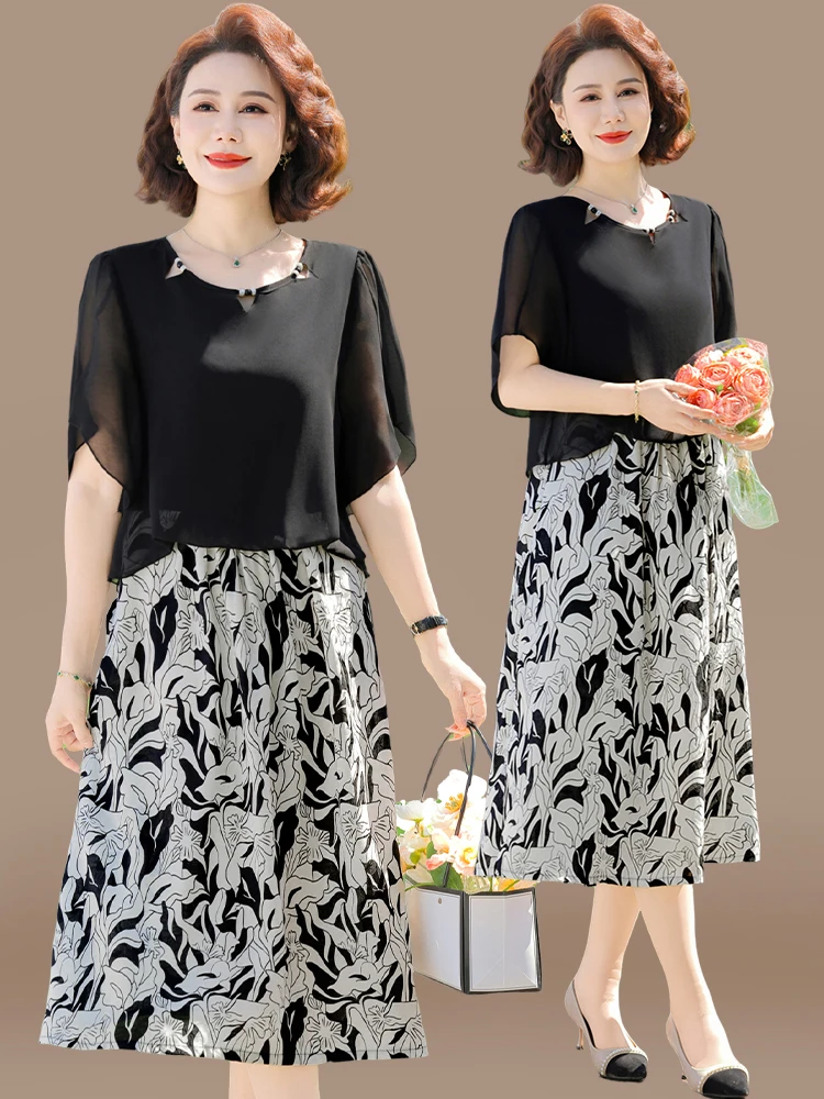 

Summer Faion Mommy Dr Chiffon Skirt Splice Fake Two-Piece Midlife Women's Clothing Korean Sle Loose Fit round Ne