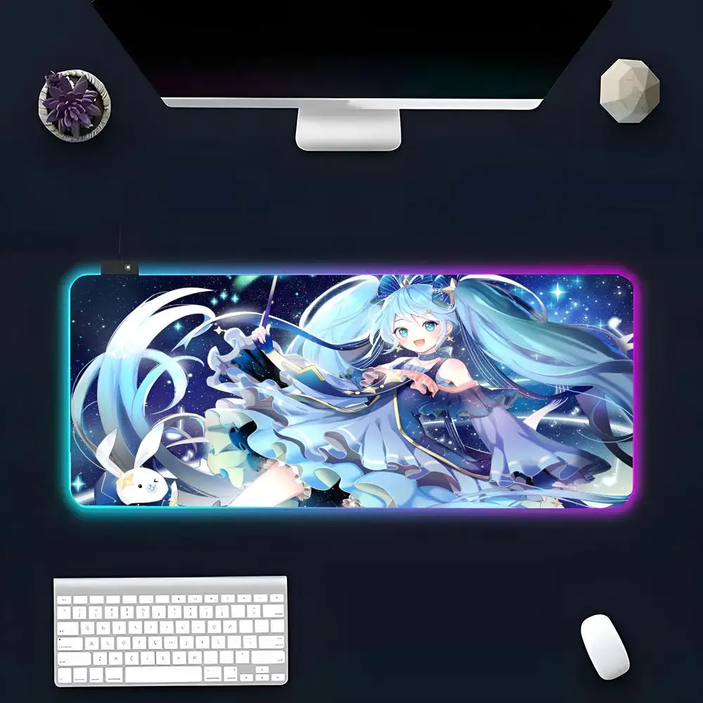 H-Hatsune Miku Anime Peripheral Cute Mouse Pad All White Large Size Mouse Pad RGB Glow Personality Picture Custom PC Table Mat C