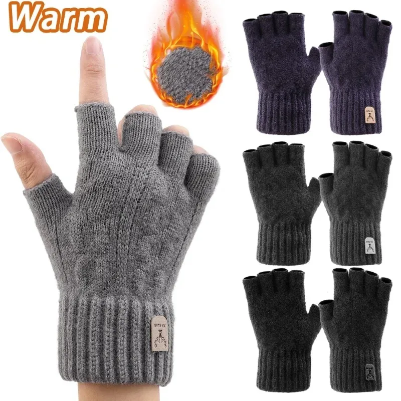 Guantes de punto para hombre y mujer, manoplas térmicas de medio dedo, gruesas de lana, sin dedos, para pantalla táctil, Invierno