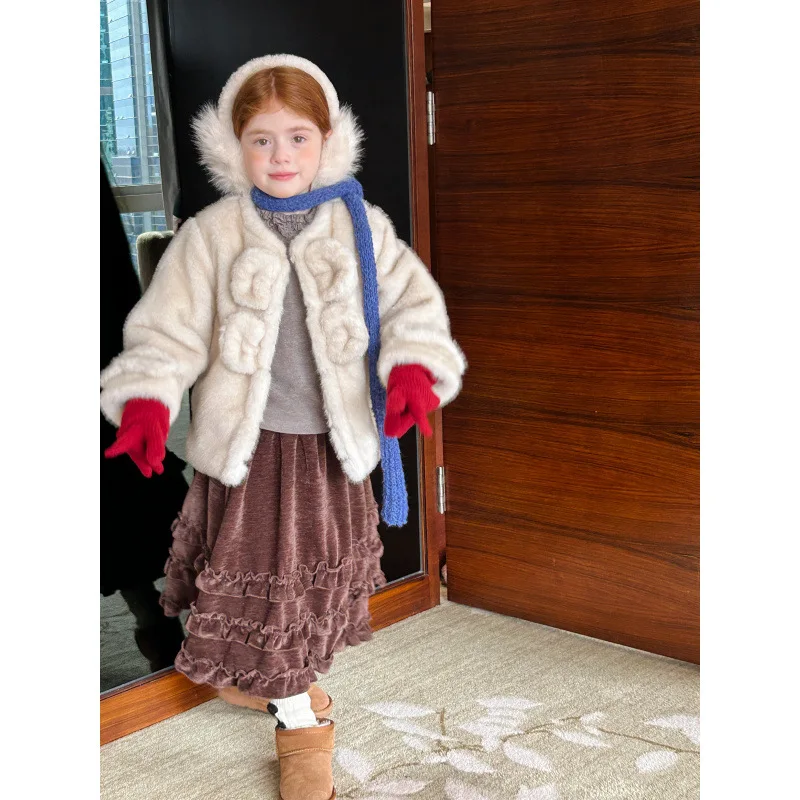 

Coat Faux Fur Autumn Winter New Grils Children Korean Loose Casual Solid Simple Comfortable Long Sleeves Thicken
