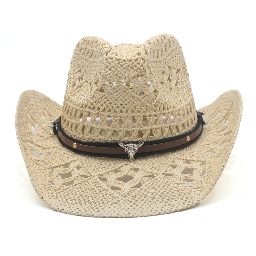 Men Women Straw Western Cowboy Hats Wide Brim Sunhat Summer Caps Sombrero Travel Sunbonnet Street Style Beach Size US 7 1/4 UK L