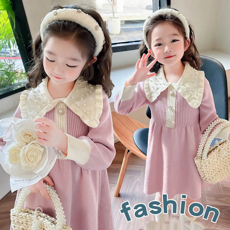 

Осеннее детское платье для девочек 2023 года, хлопковое платье принцессы с жемчугом и лацканами для маленьких девочек, трикотажное платье в рубчик для маленьких девочек от 1 до 10 лет