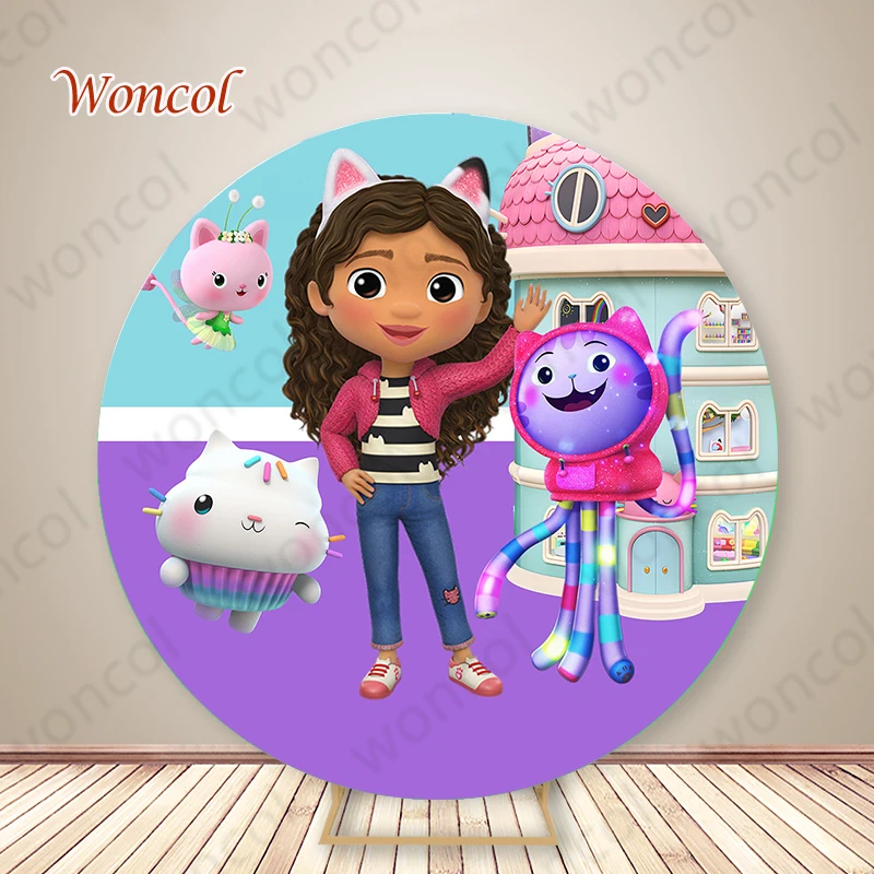 Woncol Gabby Dollhouse Round Backdrop 1st 2nd Baby Shower Photo Background Gabby Dollhouse Cylinder Cover Decor Photocall Drop