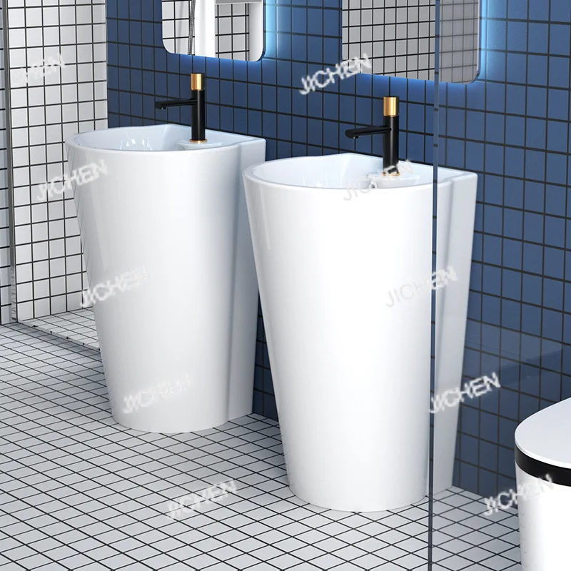 Lavabo de columna de cerámica Simple de una sola pieza, baño, piscina pequeña Vertical para lavar a mano, cara integrada de suelo a techo con balcón