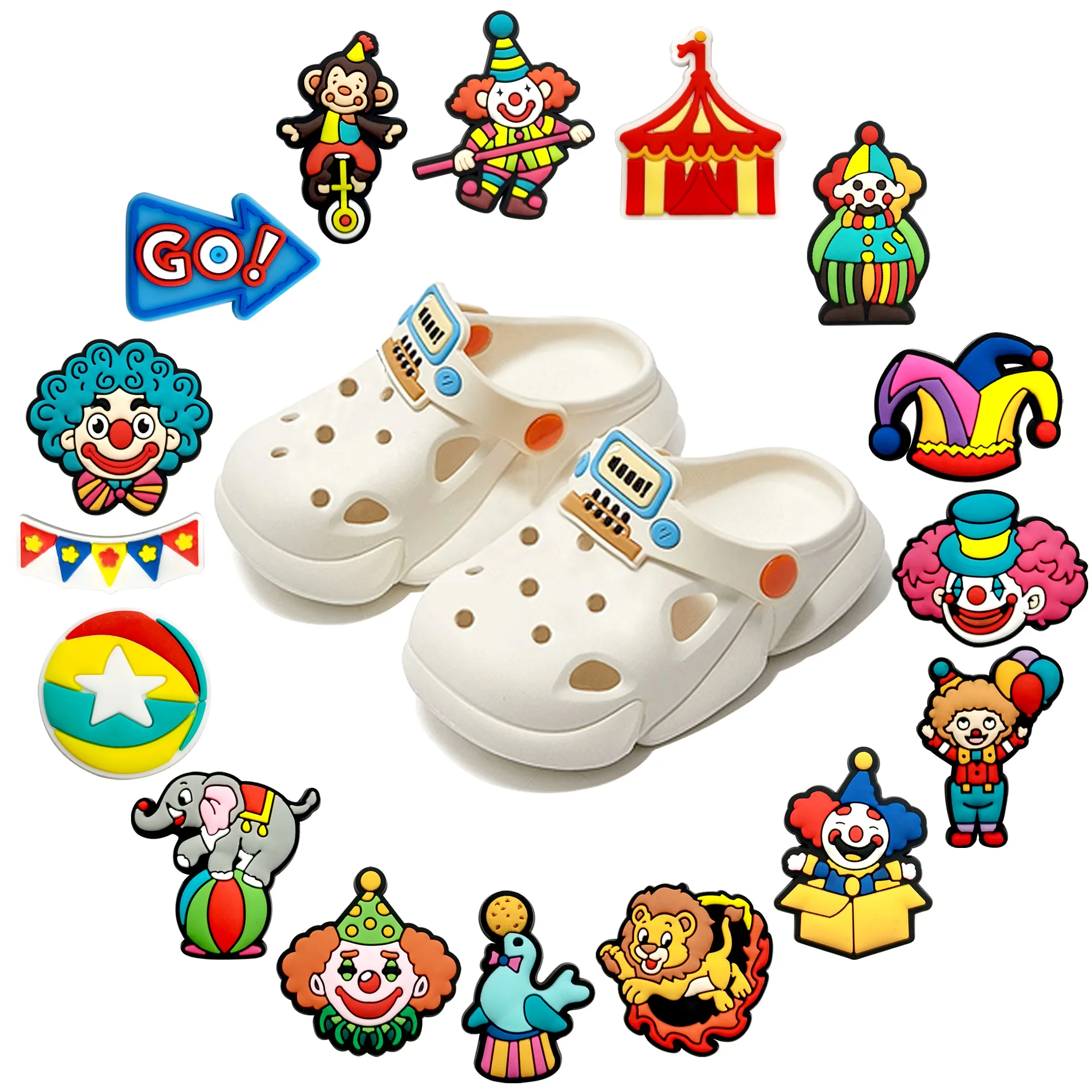 16PCS Cartoon Carnival Circus Shoe Charms Fantasy PVC Cute Joker Decoration High-quality Detachable Waterproof For Party Gift